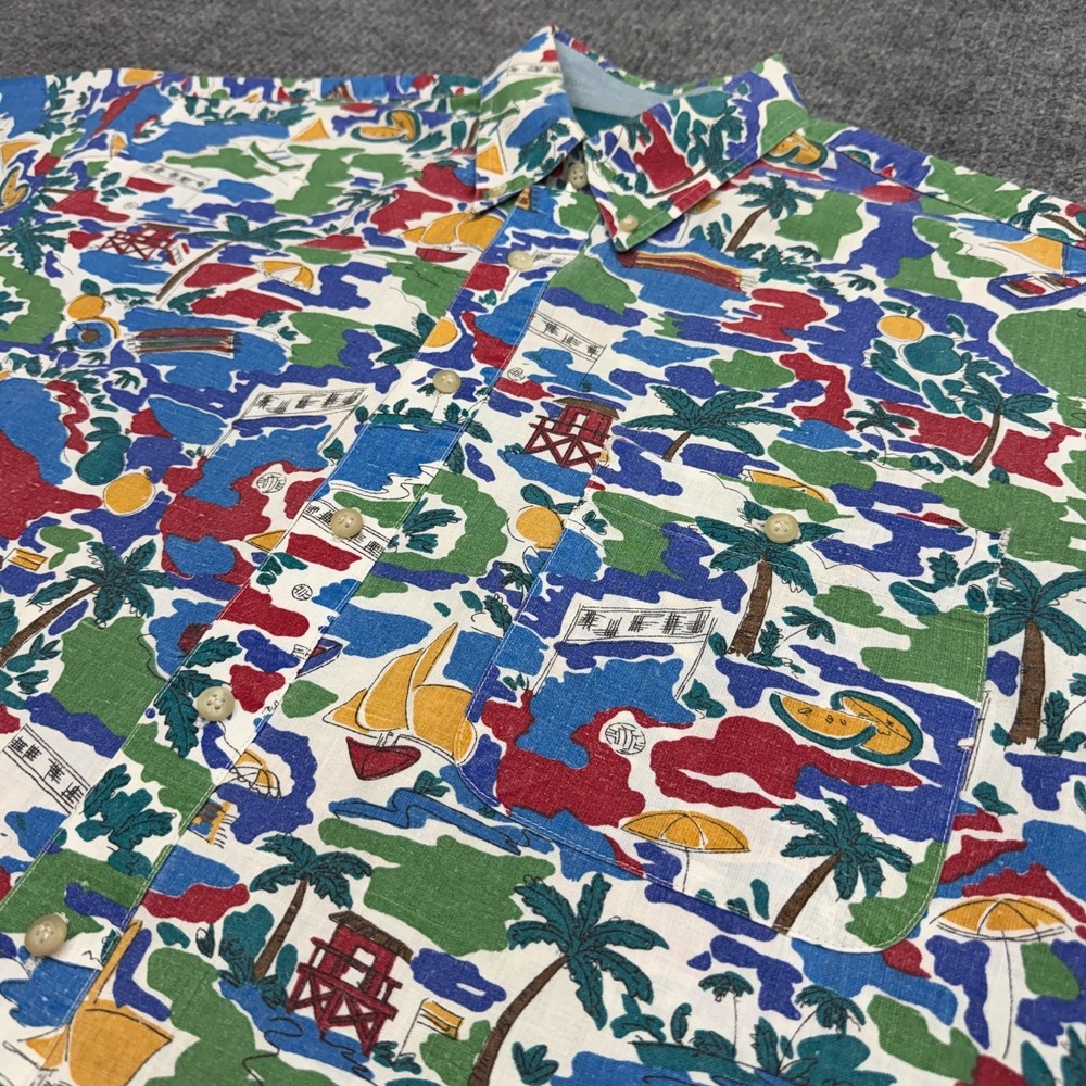 Vintage Bugle Boy Button Down Shirt Mens M Tropical Island AOP Geometric Ramie